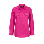 LADIES LIGHTWEIGHT LS 1/2 PLACKET COTTON DRILL SHIRT WITH CONTRAST BUTTONS-WSL505